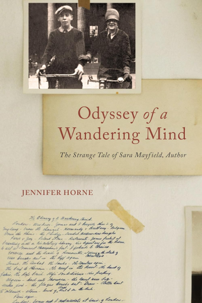 cover of Odyssey of a Wandering Mind by Jennifer Horne, featuring a black and white photograph of a boy and a woman riding a bicycle and an image of a handwritten letter