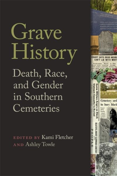 The cover of the book Grave History contains images presented in a collage style of newspaper clippings and gravestones