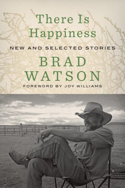 The cover of There Is Happiness by Brad Watson features a photograph of the author, sitting on a chair outdoors, wearing a cowboy hat and staring off towards the horizon