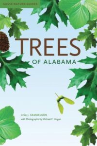 Cover of Trees of Alabama shows green tree leaves bordering blue sky. 