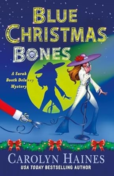 Cover of Blue Christmas Bones showing cartoon image of a woman on stage in an Elvis-inspired costume. 