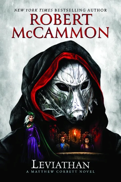 Cover of Robert McCammon's LEVIATHAN. The cover shows the torso and head of a cloaked figure with a silver mask on a white background.