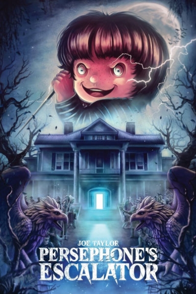 Cover of PERSEPHONE'S ESCALATOR. A two-story historic home with columns stands in the background with a demented child looming above. The colors are white, blue, and purple. 