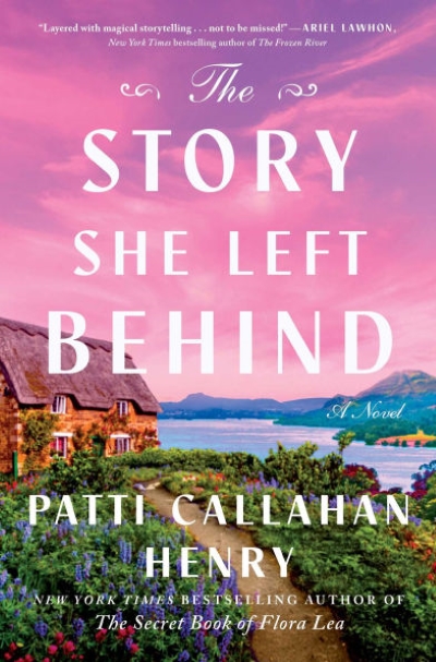 Cover of THE STORY SHE LEFT BEHIND. Title overlays an image of a garden path leading to a cottage with the sun setting behind it.