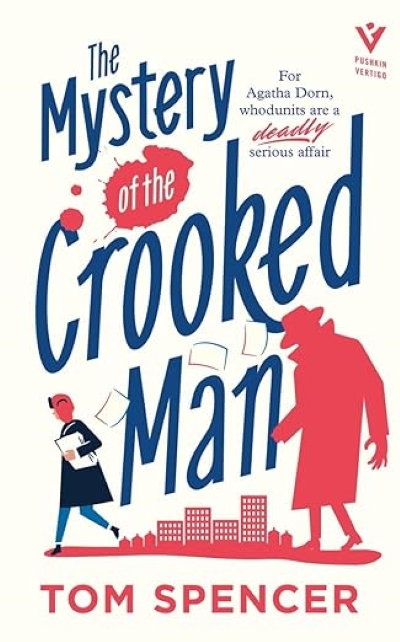 Cover of THE MYSTERY OF THE CROOKED MAN. The title and an illustration of a man in red following a woman carrying a stack of papers is shown on a white background. The color field is white, red and navy.
