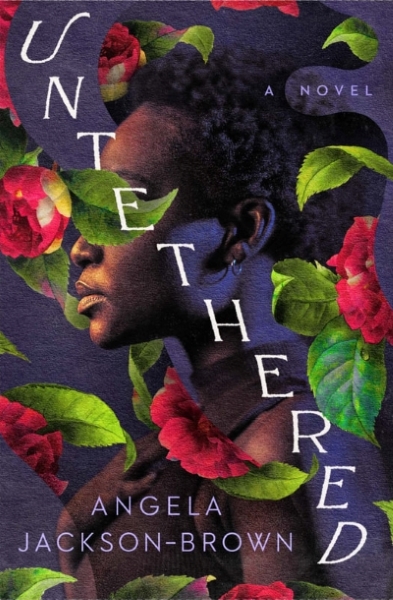 Cover of UNTETHERED. Cover shows an image of a Black woman in profile with red flowers on a purple background.