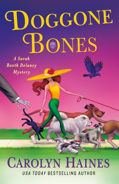 Cover of DOGGONE BONES by Carolyn Haines. Cover shows an illustration of a woman walking five dogs on a purple and pink background. 