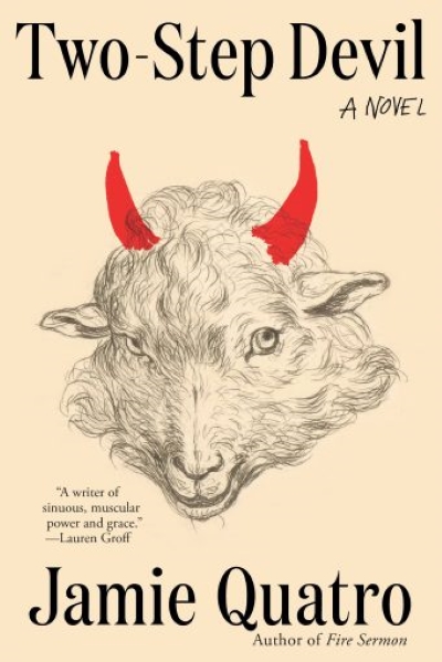 Cover of TWO-STEP DEVIL by Jamie Quatro. Cover shows a drawing of a goat in grey with red horns on a cream or light tan background. 
