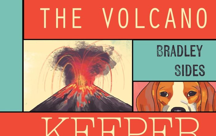 the cover of the book Volcano Keepers features a tractor, an erupting volcano, a dog, and a tomato