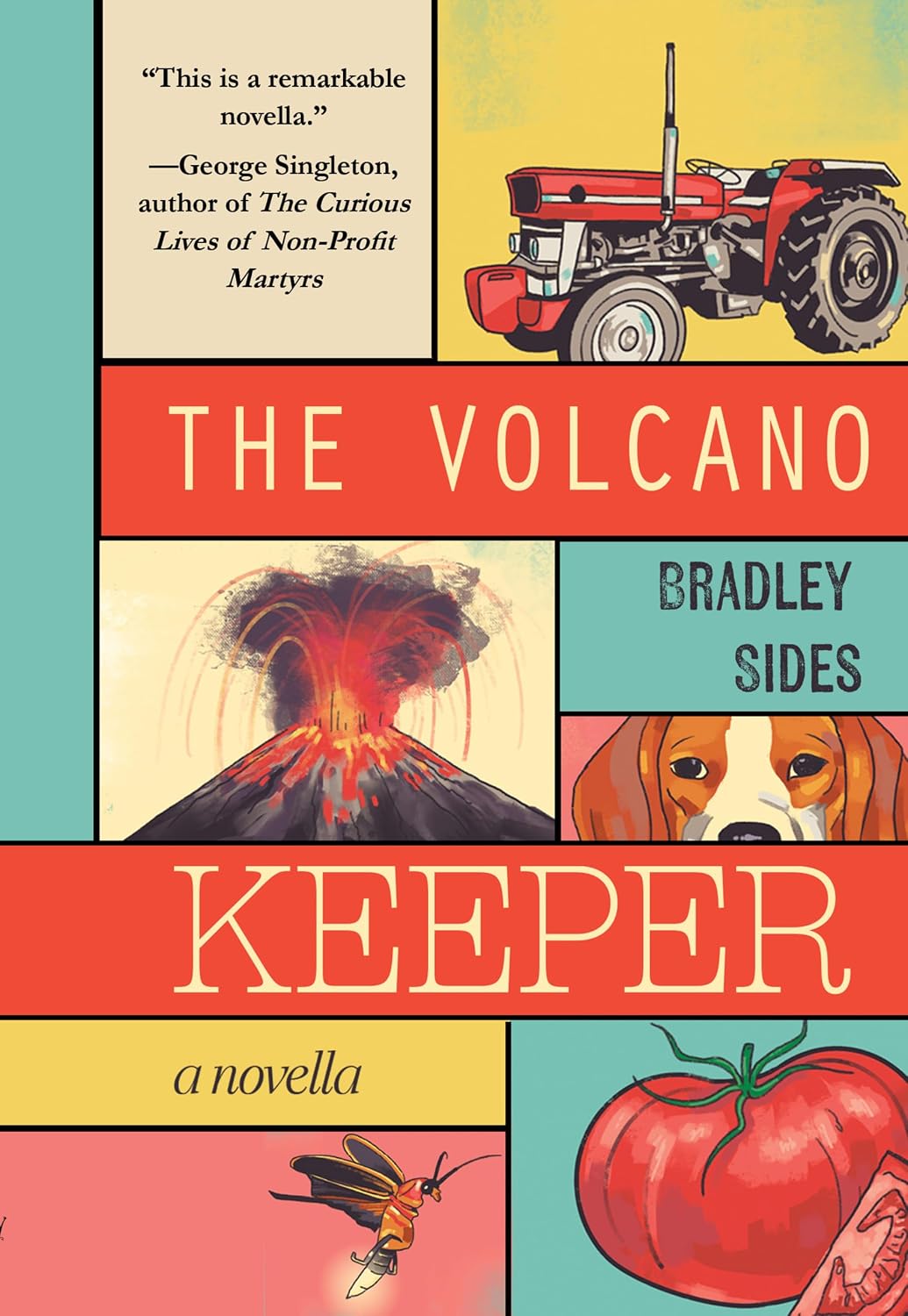 the cover of the book Volcano Keepers features a tractor, an erupting volcano, a dog, and a tomato
