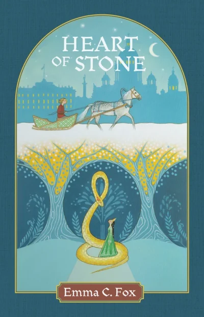 The cover of the book Heart of Stone features a person riding in a horse drawn sled and a woman standing beneath a giant serpent